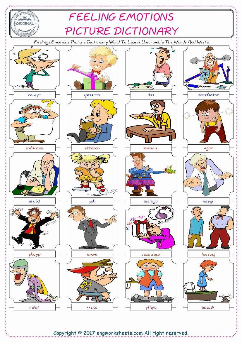  Feelings Emotions ESL Worksheets For kids, the exercise worksheet of finding the words given complexly and supplying the correct one. 